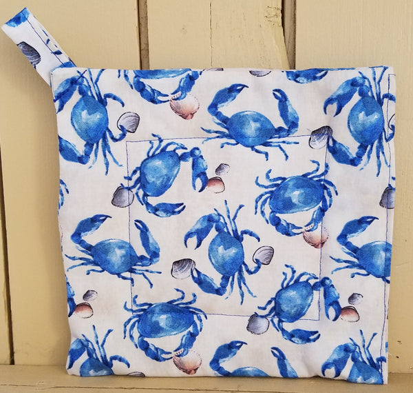 Potholder Square 7" - Blue Crabs & Shells on Cream Background