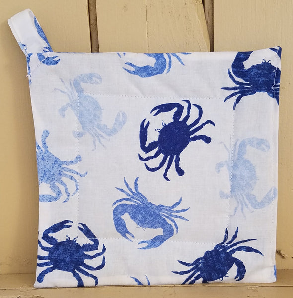 Potholder Square 7" - Blue Crabs on White Background