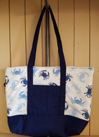 Blue Crab Quilted Cotton Tote Bag with Pockets - Locally Sewn