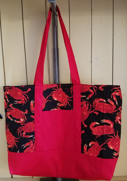 Red Crab Quilted Cotton Tote Bag with Pockets - Locally Sewn
