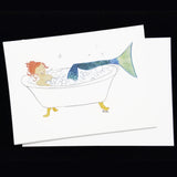 Mermaid in bathtub watercolor art greeting card with envelope
