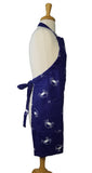 Blue crab design full length adjustable apron in navy and white cotton side view