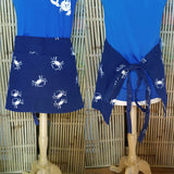 Blue crab design half size apron in navy cotton with pockets
