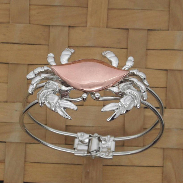 Crab cuff bracelet with copper plated shell and surgical steel base