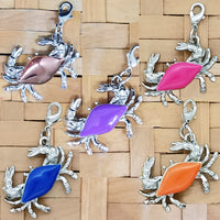 Crab jewelry charms with copper plated or enameled crab shells and lobster claw clasps