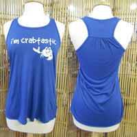 I'm crabtastic design racerback flowy tank top women's in royal blue with cartoon crab front/back