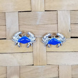 Crab post earrings - surgical steel with blue enameled shell
