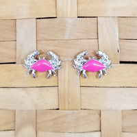 Crab post earrings - surgical steel with pink enameled shell
