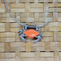 Crab necklace / pin - surgical steel with orange enamled shell and removable neck wire