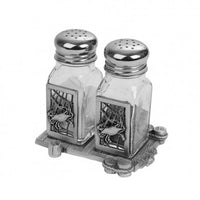 Pewter medallion crab in net design glass salt and pepper shakers on a pewter dock base