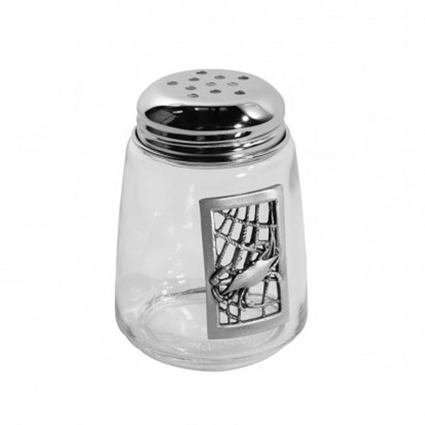 Seasoning spice glass shaker jar with pewter crab in net design medallion
