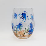 Crab hand painted stemless wine glass blue crabs