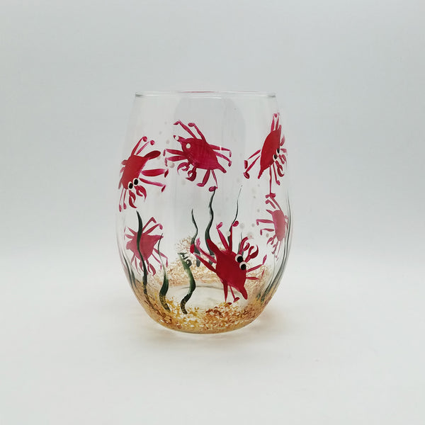 Crab hand painted stemless wine glass red crabs